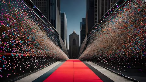 Illustrative photo: confetti, path, buildings